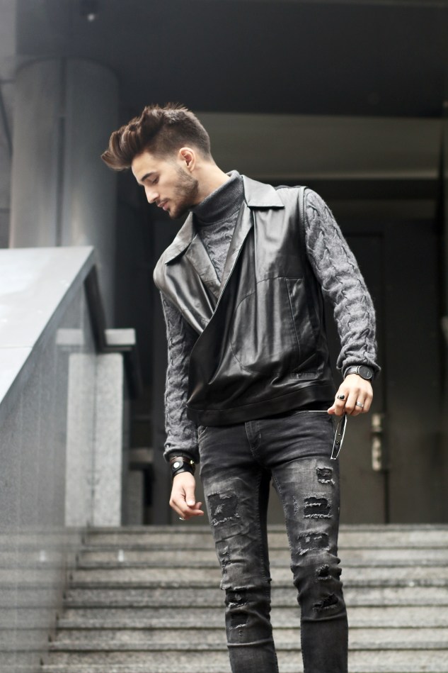 adrien guarino swiss model infashionity menswear platform fashion blog henri balit photography styling leather vest skinny jeans suede boots menswear look