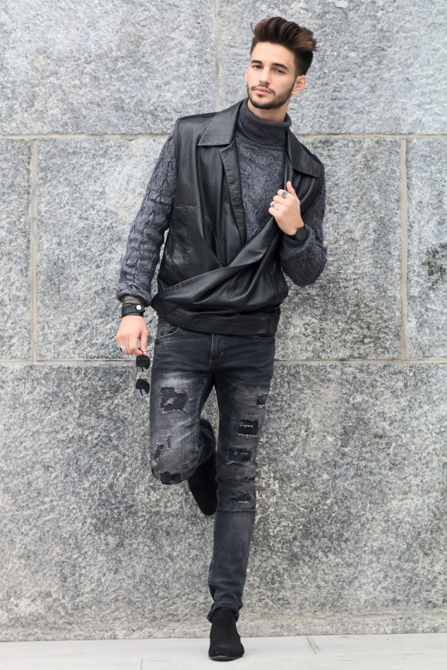 adrien guarino swiss model infashionity menswear platform fashion blog henri balit photography styling leather vest skinny jeans suede boots menswear look