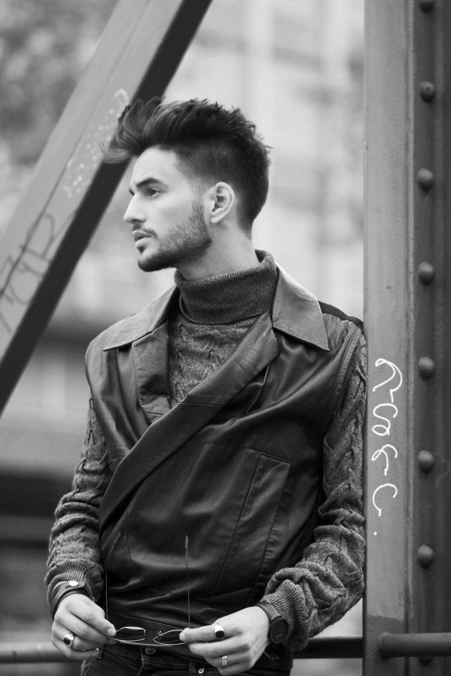 adrien guarino swiss model infashionity menswear platform fashion blog henri balit photography styling leather vest skinny jeans suede boots menswear look black white