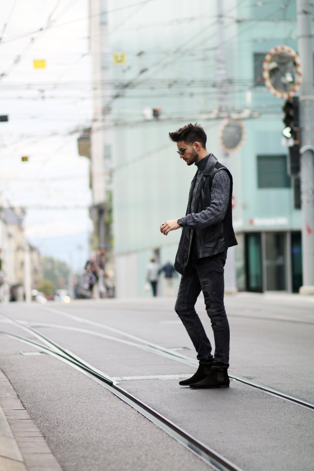 adrien guarino swiss model infashionity menswear platform fashion blog henri balit photography styling leather vest skinny jeans suede boots menswear look