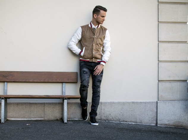 infashionity menswear fashion blog swiss henri balit photography styling varsity jacket distressed jeans