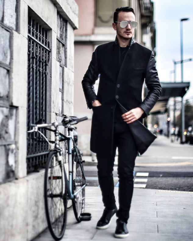 INFASHIONITY MENSWEAR SWISS FASHION BLOG HENRI BALIT ALL BLACK LOOK GENEVA LAKE PHOTOSHOOT THOM BROWNE EYEWEAR METALLIC AVIATOR MIRROR