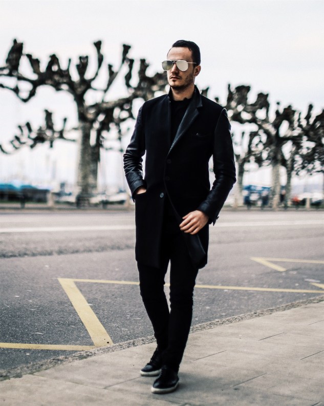INFASHIONITY MENSWEAR SWISS FASHION BLOG HENRI BALIT ALL BLACK LOOK GENEVA LAKE PHOTOSHOOT