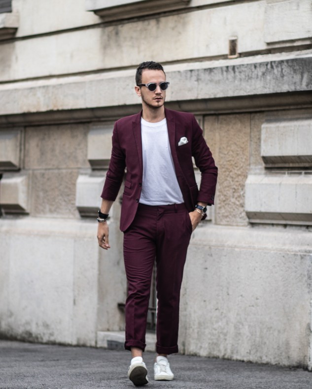burgundy suit with white sneakers common projects infashionity menswear fashion blog