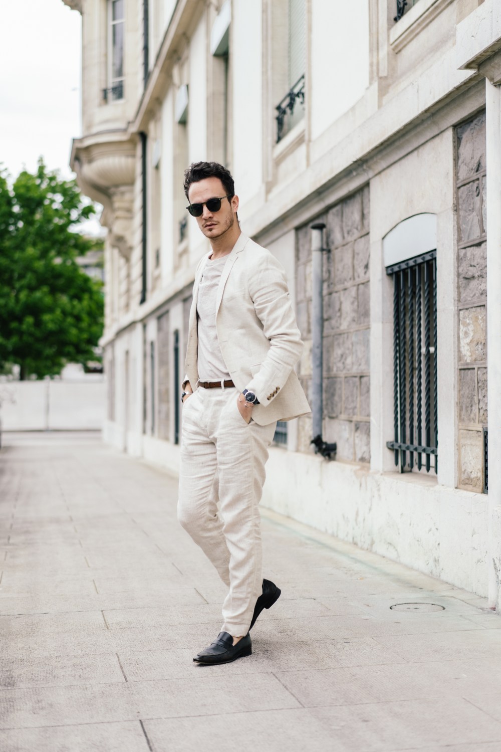 h&m linen suit light beige summer style sunglasses