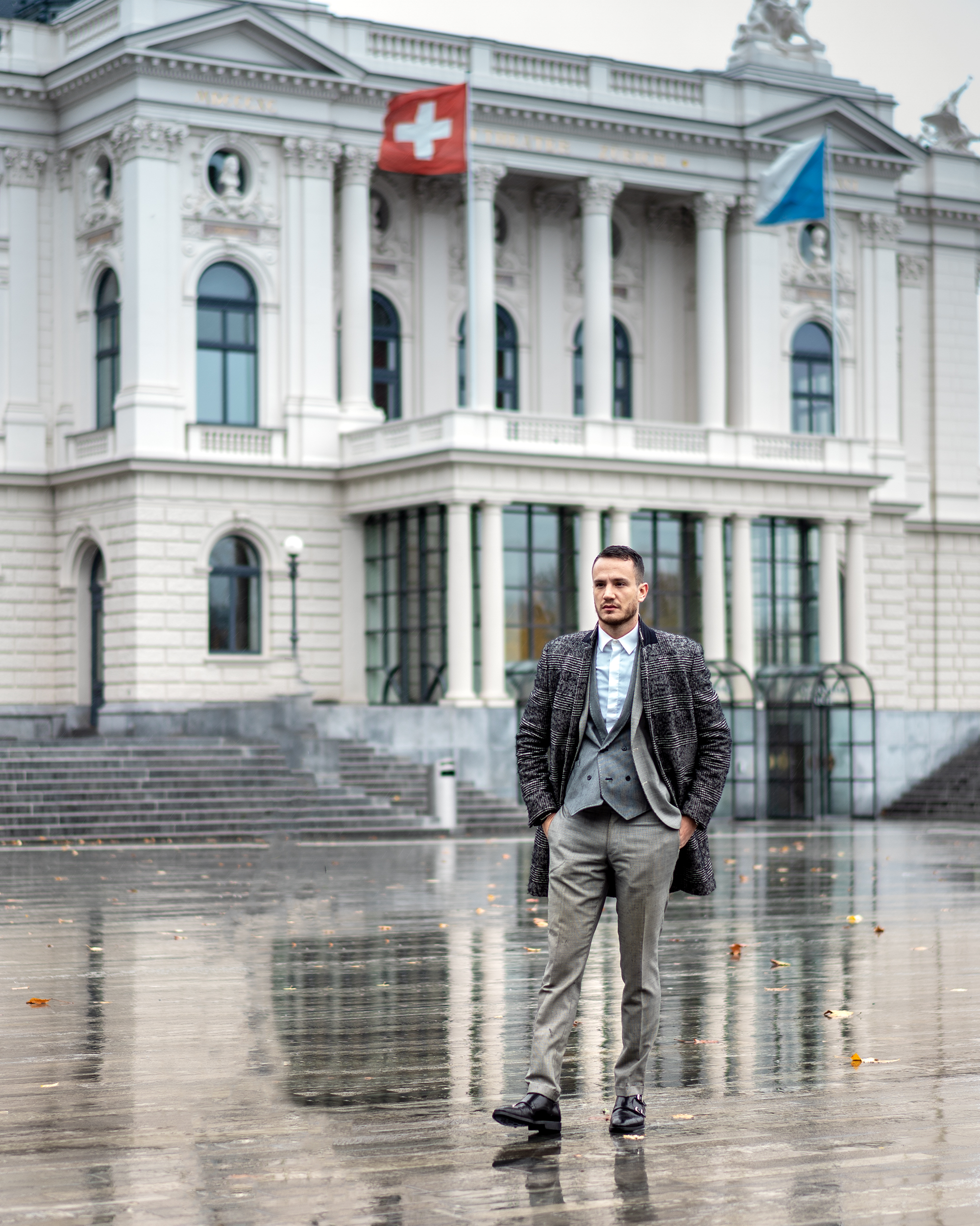 henri balit swiss men's fashion blogger three piece suit check coat zurich streetsyle opernhaus zurich