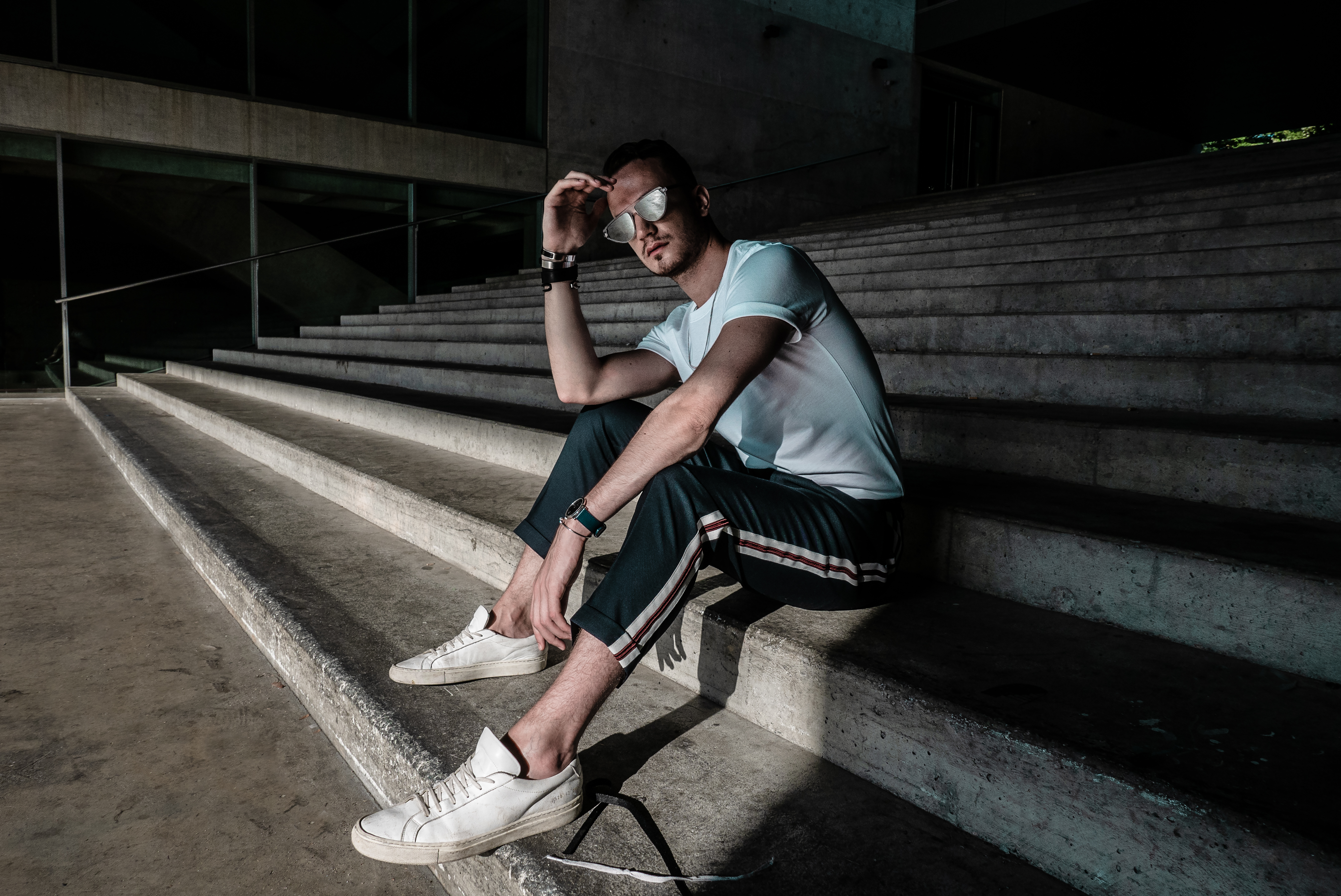 common projects streetwear outfit fashion blog trousers side bands