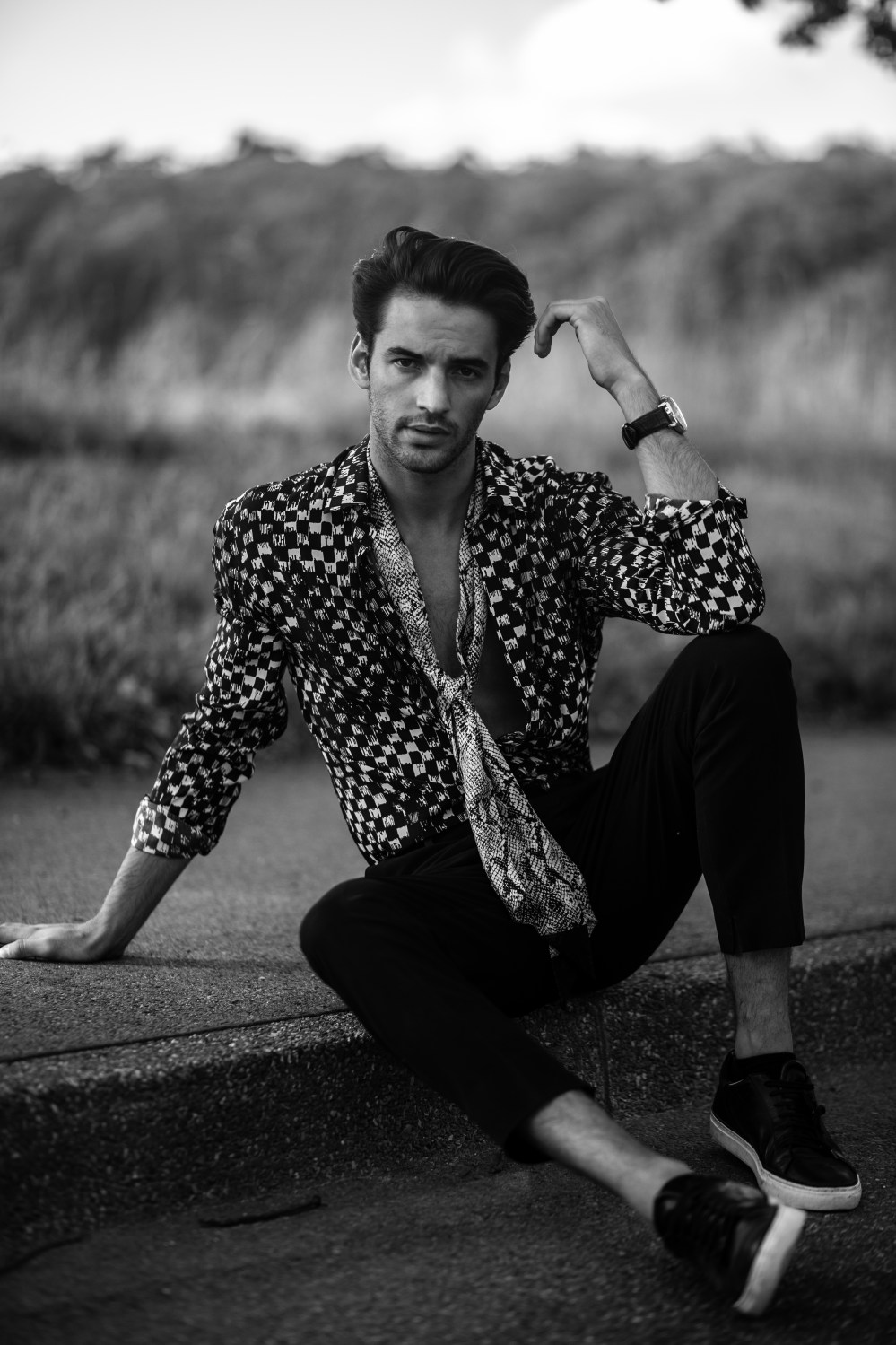 adrien guarino male mode square agency fashion editorial henri balit infashionity saint laurent silk shirt black white photography field